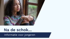 Plaatje van een jongere met de tekst Na de schok... informatie naar jongeren. Deze afbeelding is ook gebruikt op de voorkant van de folder.